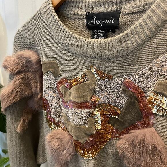 Vintage 80s Angenie Sequin & Fur Sweater | Statement Glam, Womens M, EUC, RARE - Picture 5 of 9